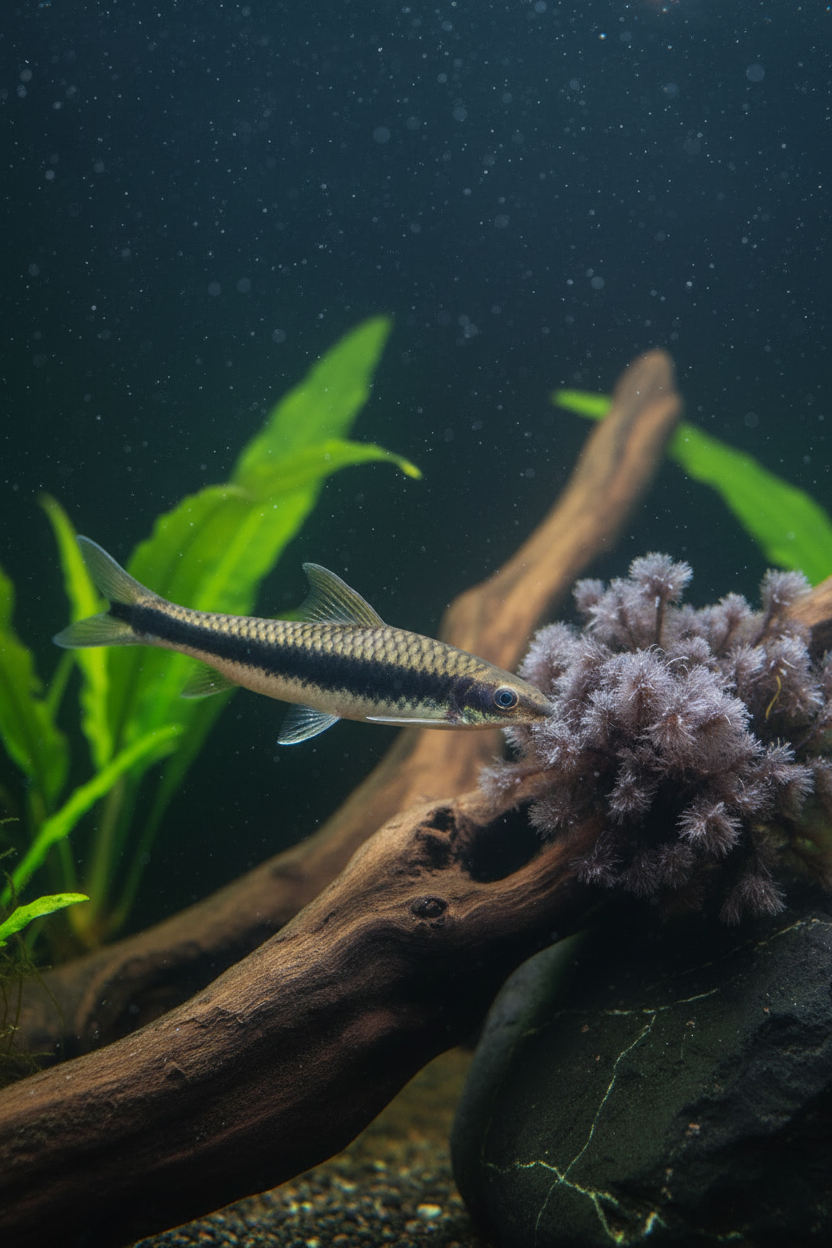 Siamese Algae Eater (Crossocheilus oblongus) grazing in a lush planted aquarium — a natural solution for hair algae and black beard algae control.