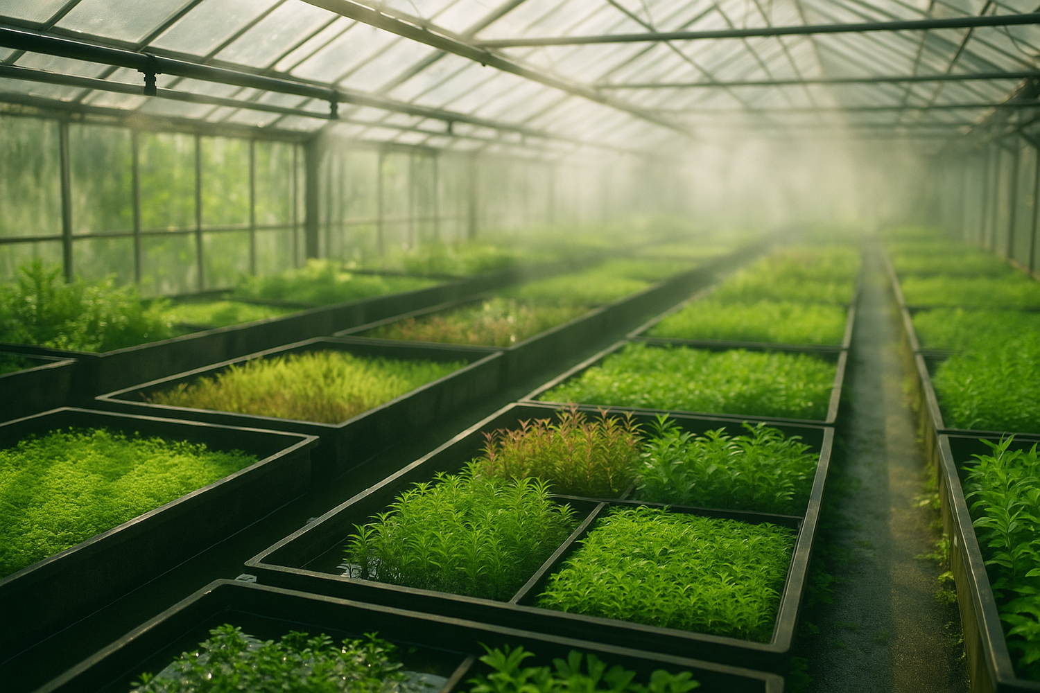 Aquatic plant nursery greenhouse with growing tanks