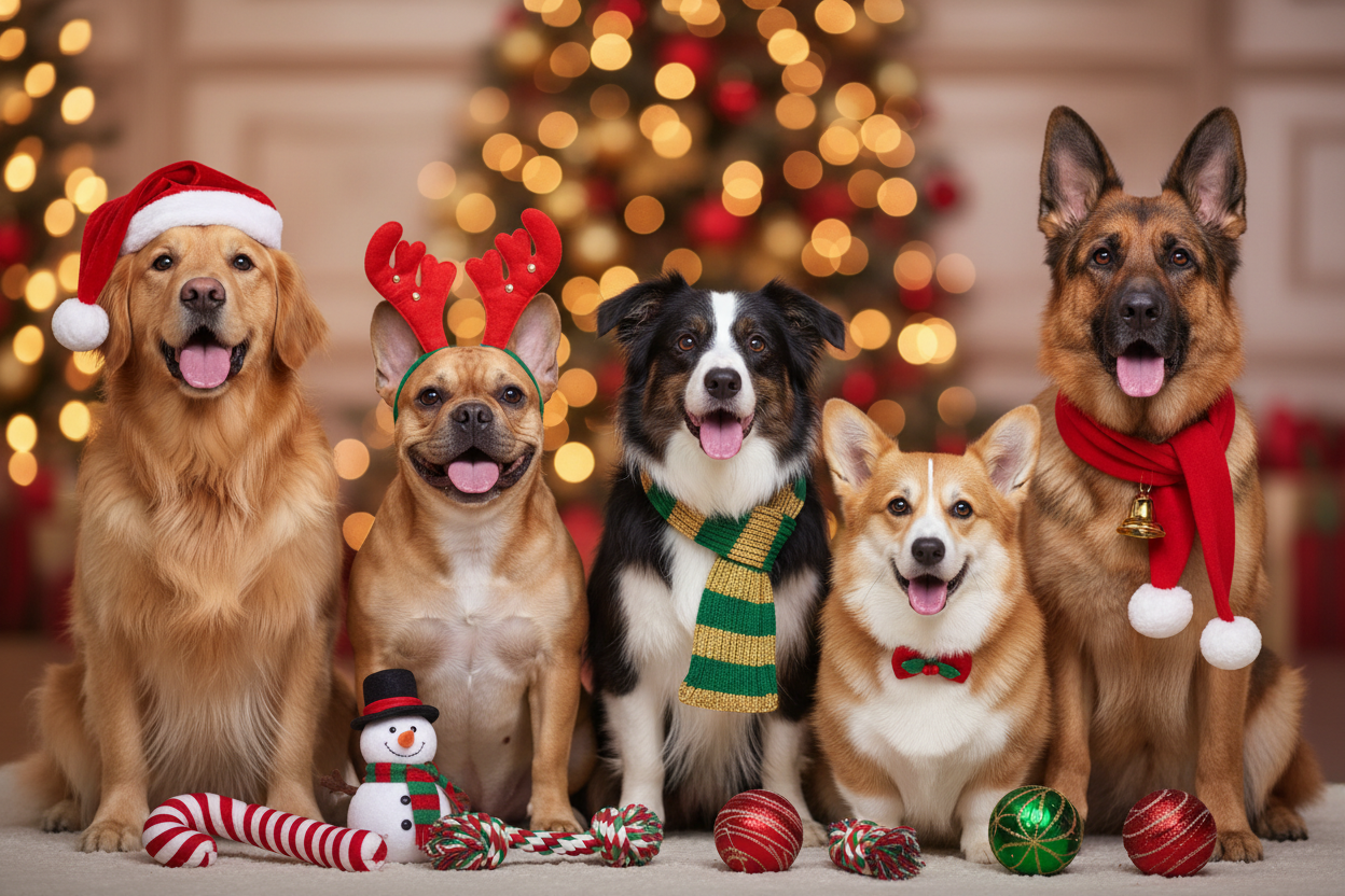 create me a 16:9 aspect ratio image with a family of different dog breeds lined up with christmas gear and christmas themed toys like our new collection