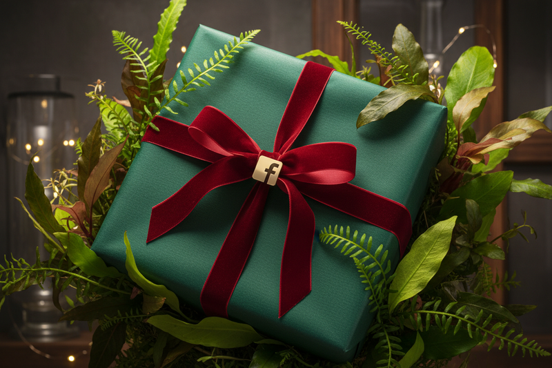 Create me a christmas image of aquatic plants wrapped around a present box, also include the facebook logo