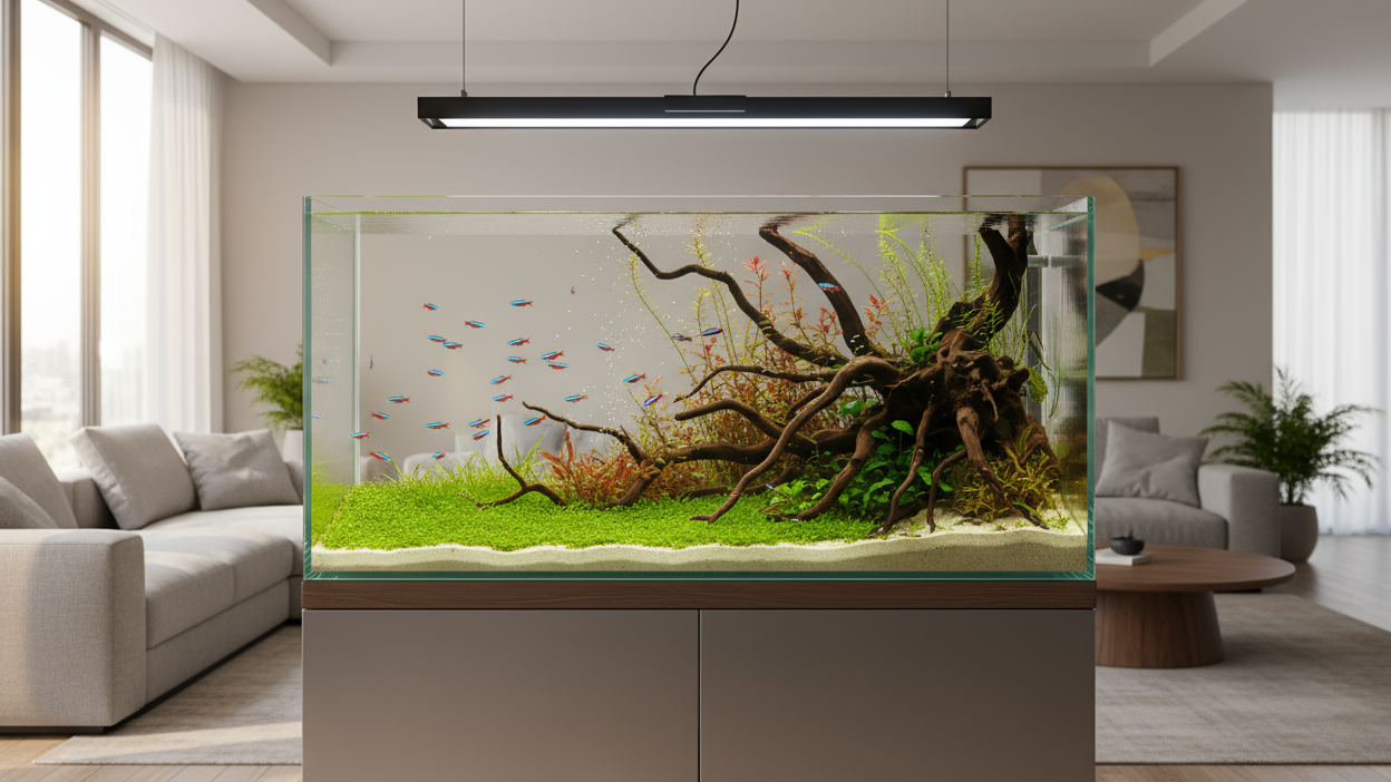 Create me an aquarium aquascape in a living room. Make the aquarium top notch aquascape like takashi amano aquariums. 