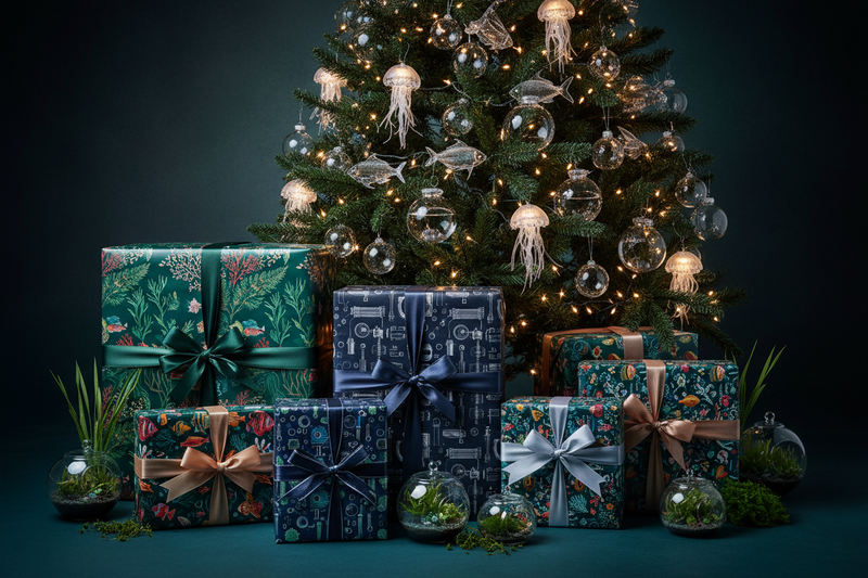 create me an image of  8x Christmas gifts around a tree, one is $200, the other $150, and 3-8 are $50 ea add an aquarium theme