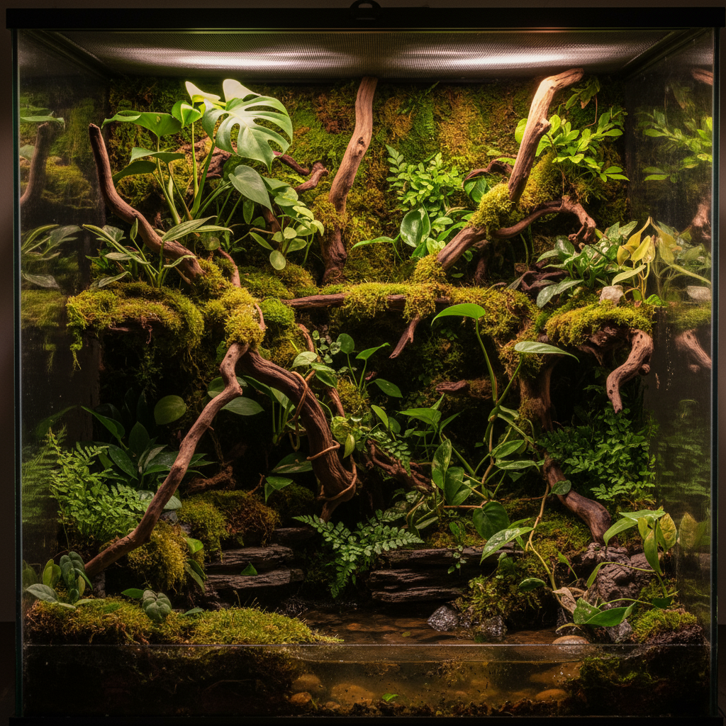 Lush terrarium with driftwood and moss