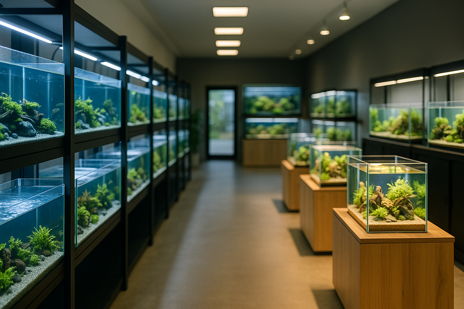 Modern store with exit door at back left wall