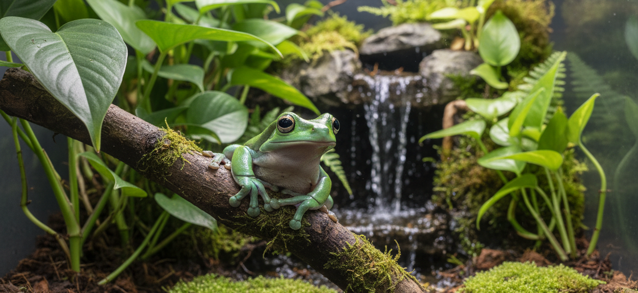 show me an image of a green tree frog in a terrarium